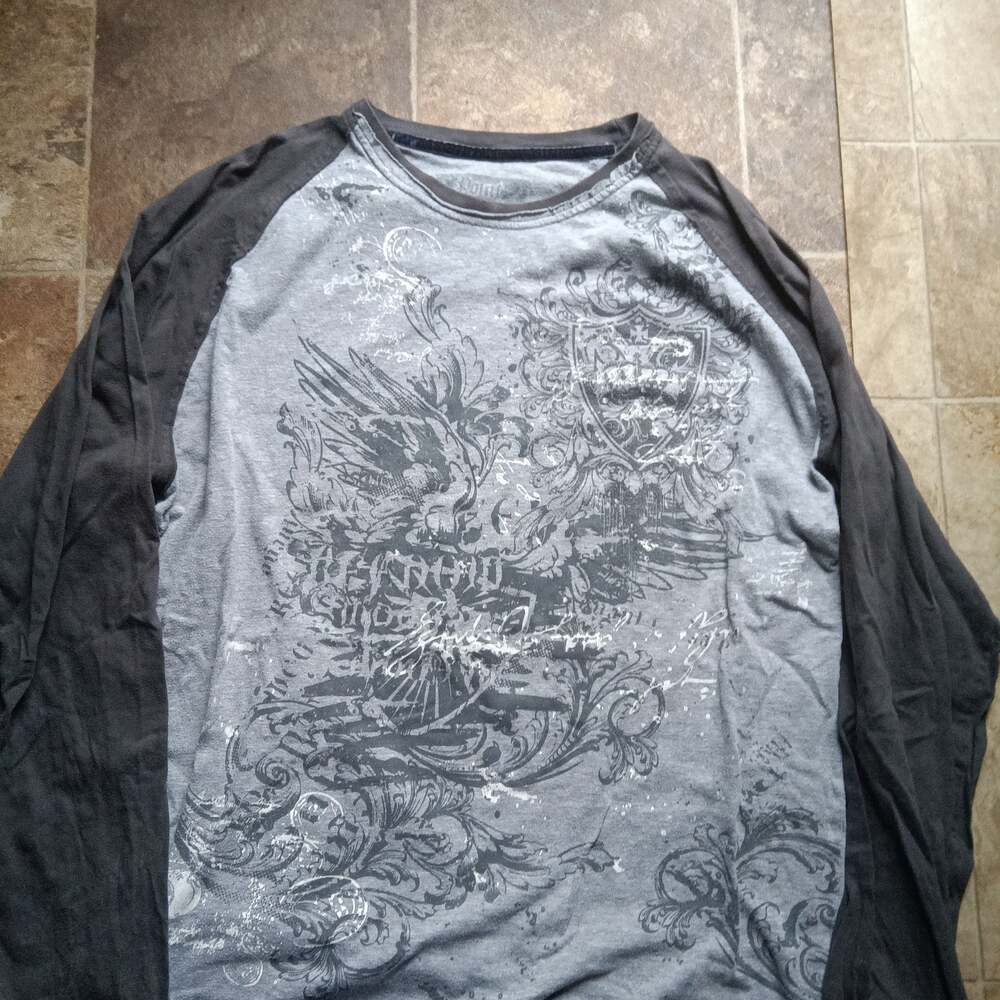 Point Zero Black & Gray Appliqued Raglan Long Sleeve T-Shirt M